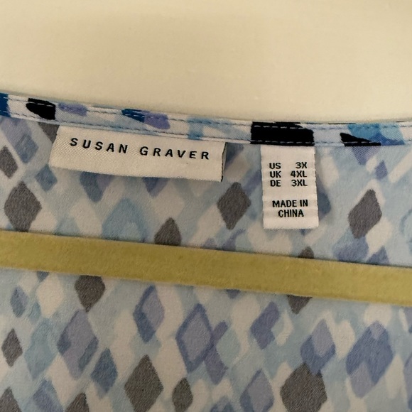 Susan Graver 3X Blue Geometric Square Neck Short Sleeve Liquid Knit Blouse - Picture 2 of 5